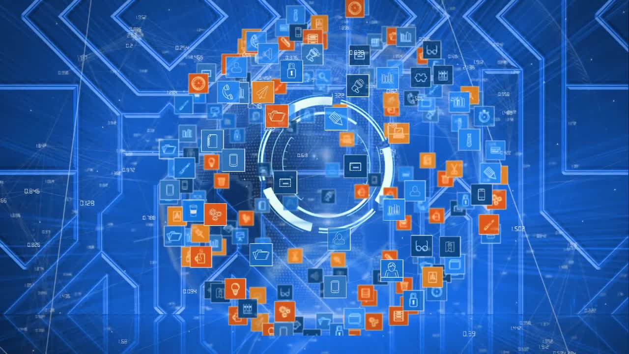 animación del globo con iconos y red de conexiones sobre pantallas azules