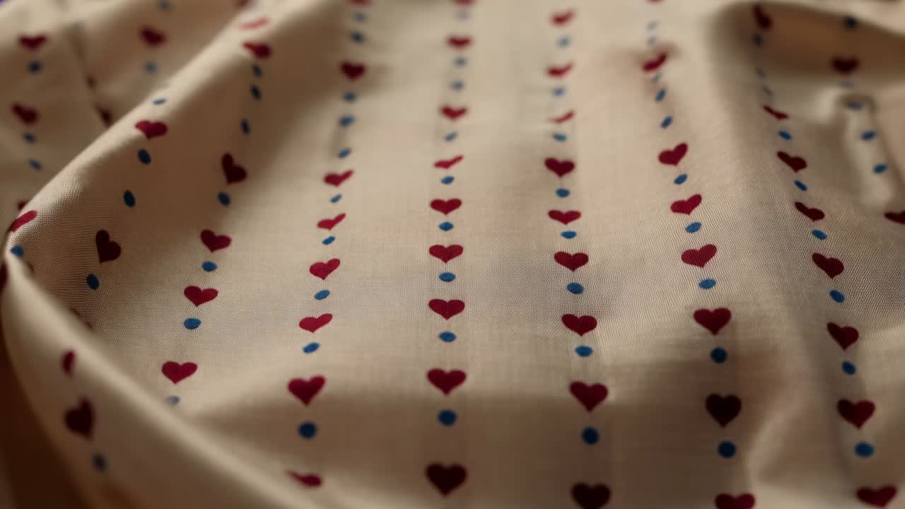 Moving camera toward fabric on table, pulling focus, revealing weave at red heart and blue dot