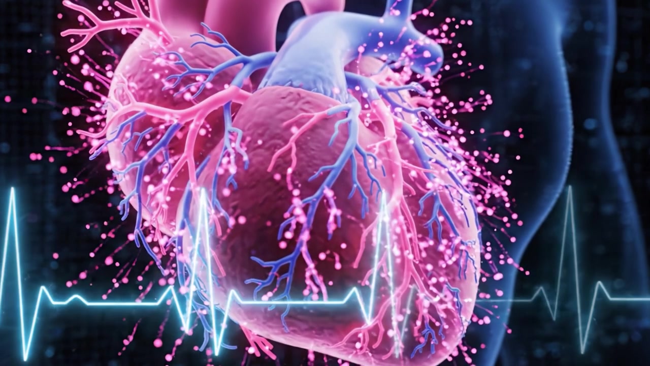 Una Visualización Intrincada del Corazón Humano con Estructura Vascular Detallada y Lecturas de Electrocardiograma que Muestran la Funcionalidad y Salud Cardiovascular