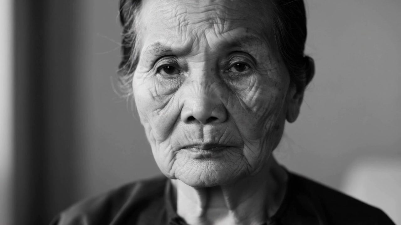 La ripresa inizia con una donna anziana asiatica che mantiene lo sguardo nella stanza, sbatte le palpebre, si muove, indossa una camicetta scura, con una sedia a destra.