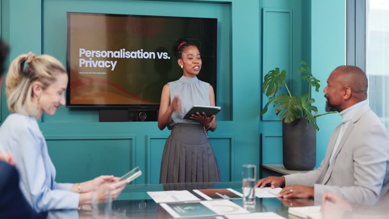 Young Black Woman Giving Presentation in Modern Office Meeting