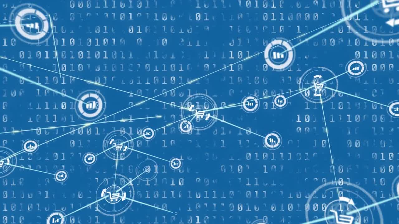Animation of network of connections with icons over data processing on blue background