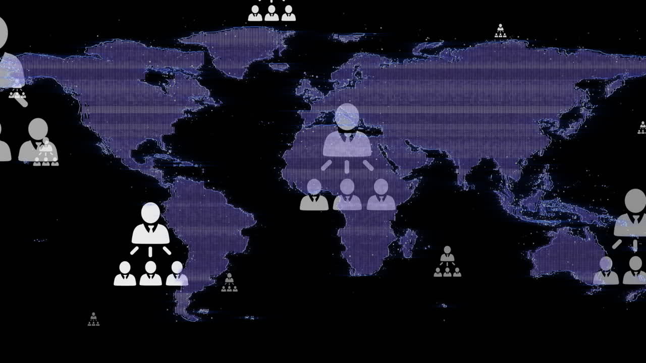 Animation of interference over world map and business icons on black background