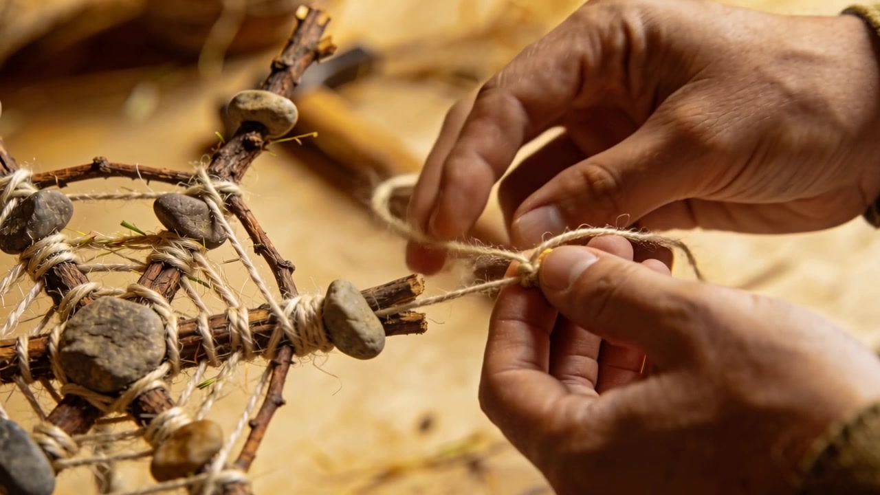 Entering frame, sweater cuff hands tying twine securing twig spoke on bench, finishing stone frame