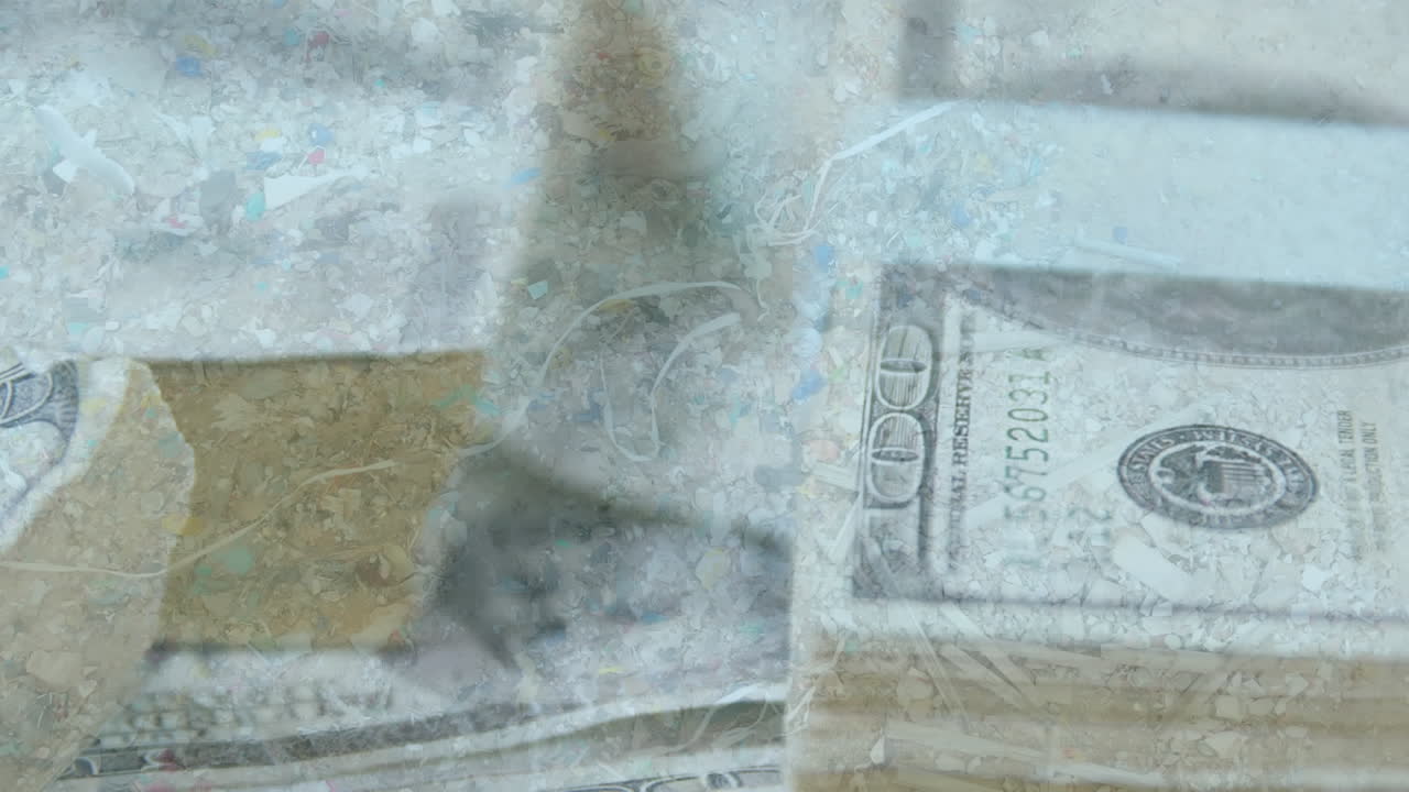 쓰레기 매립장 위 에 있는 여러 개의 미국 달러 지폐 의 애니메이션