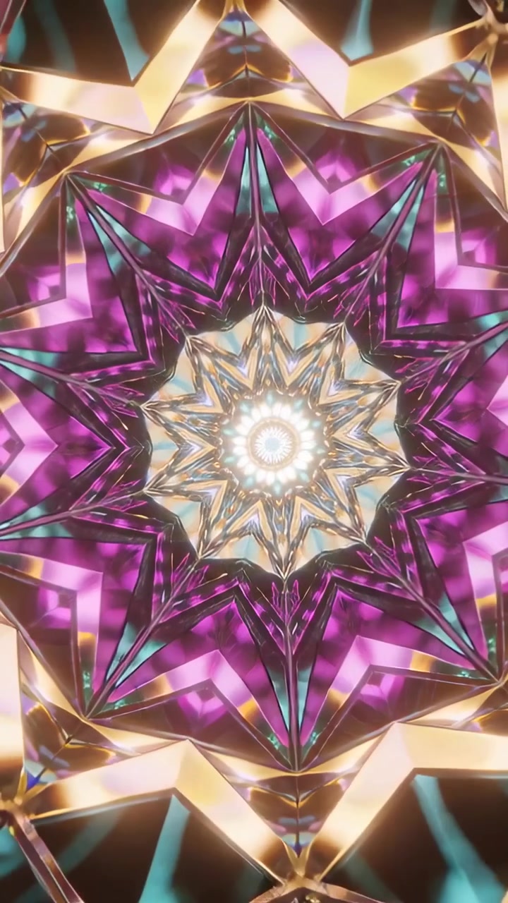 Video verticale: Mandala in riproduzione che ruota in senso orario, con un nucleo pulsante che mostra galloni dorati, in modalità verticale.
