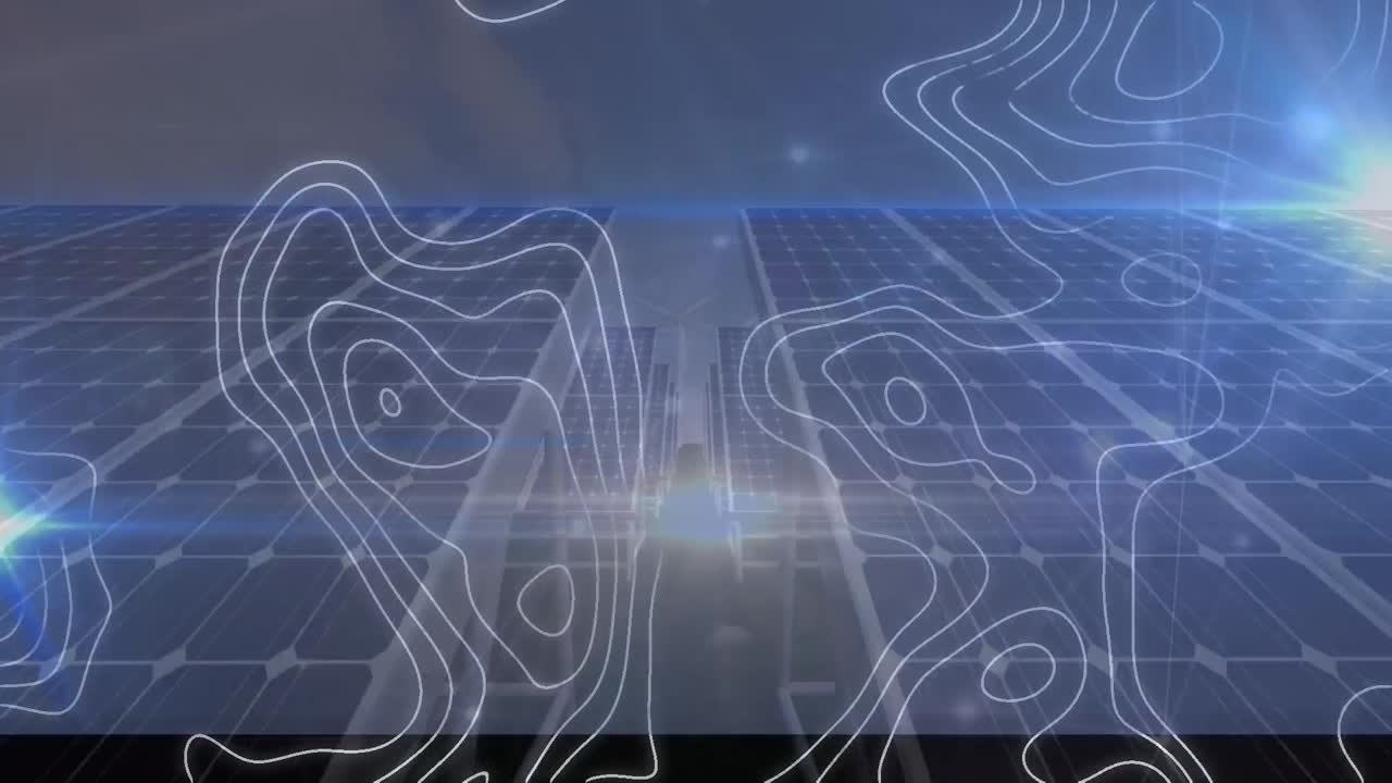 Animation of network of connections and white lines over solar panels and wind turbines