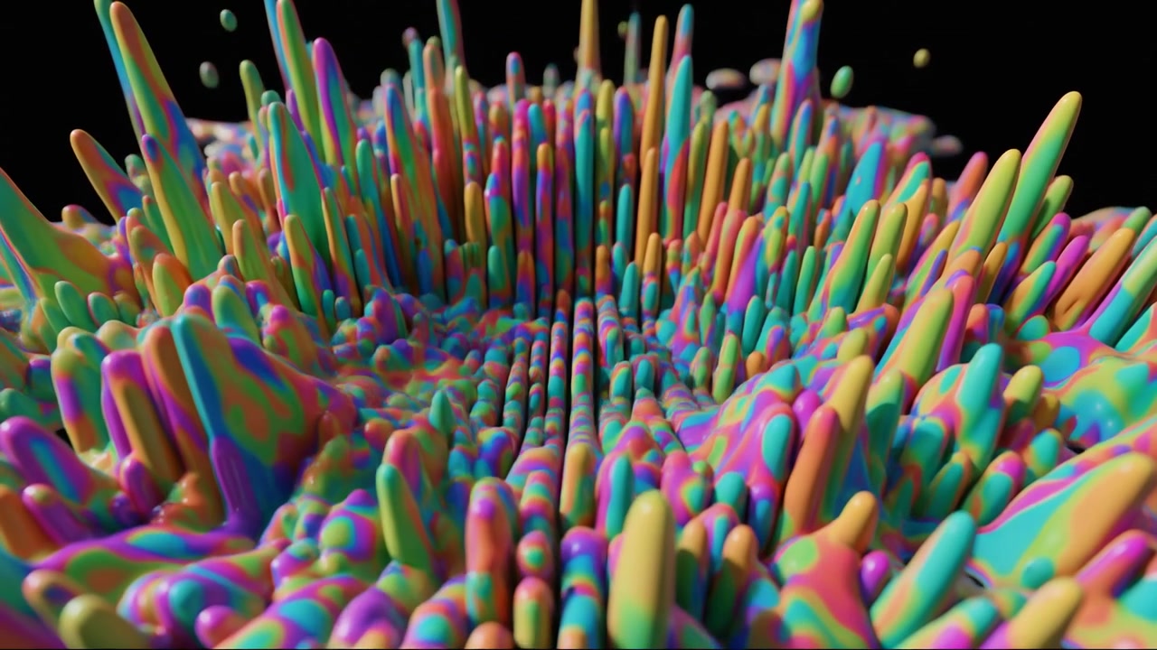 Abstraktní 3D animace barevných tekutých hrotů vystupujících na černém pozadí