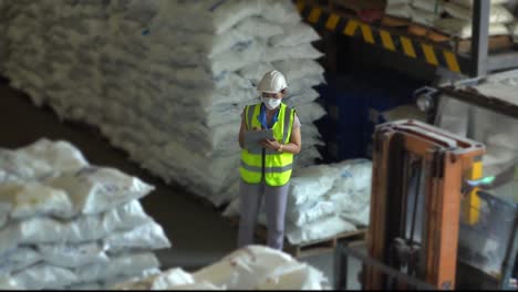 warehouse female worker is counting products and  check stock chemical industry.