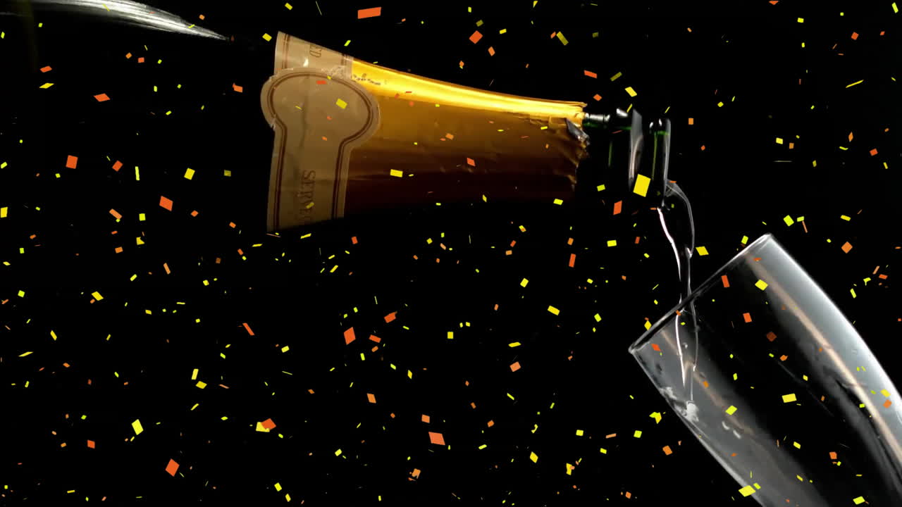 Pouring beer into glass with confetti animation on black background