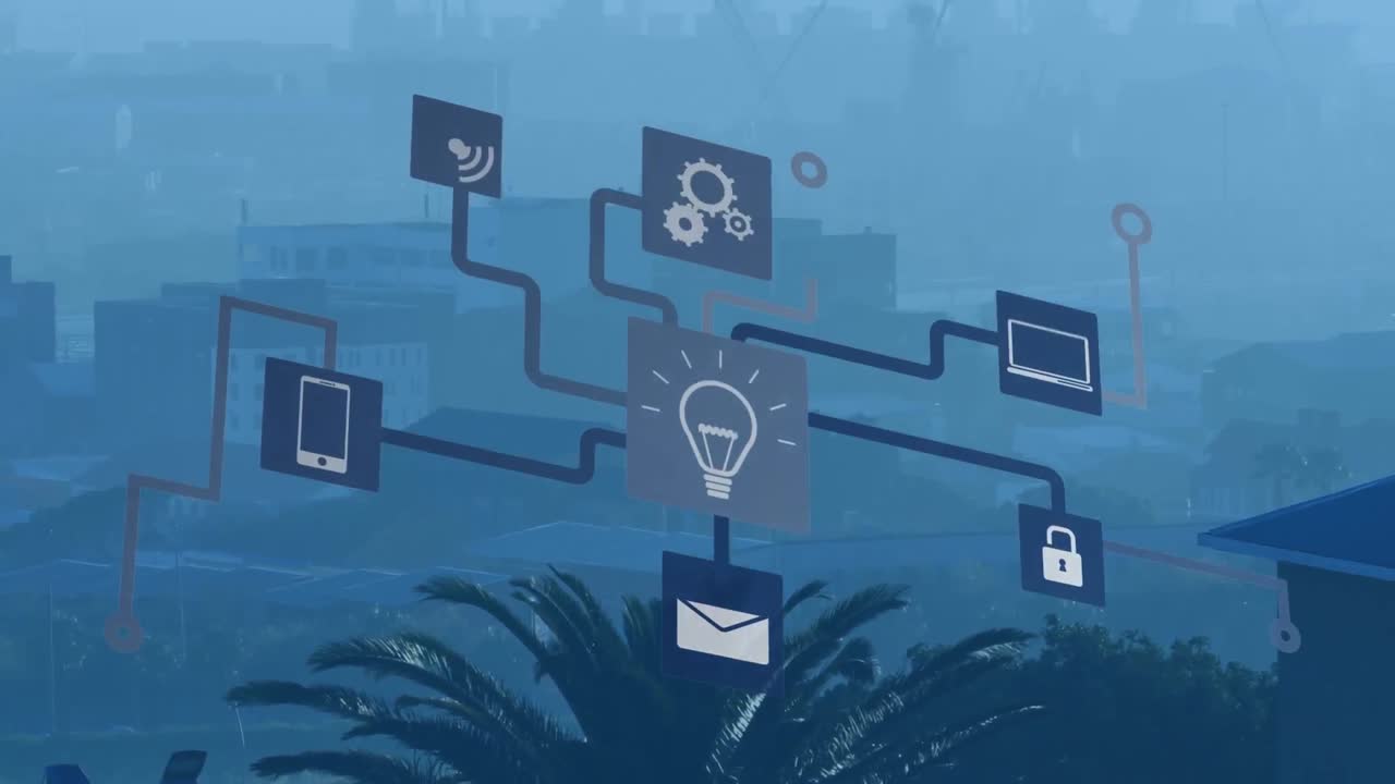 Animation of digital icons and network of connections over cityscape