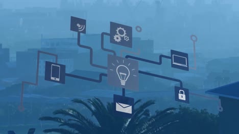 Animation of digital icons and network of connections over cityscape