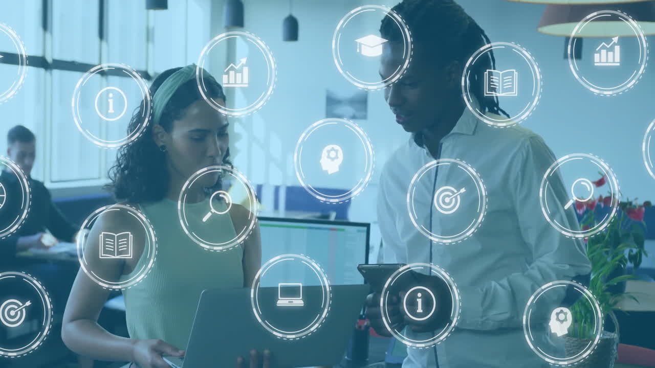 In school, professionals collaborating with animation of technology and data concepts