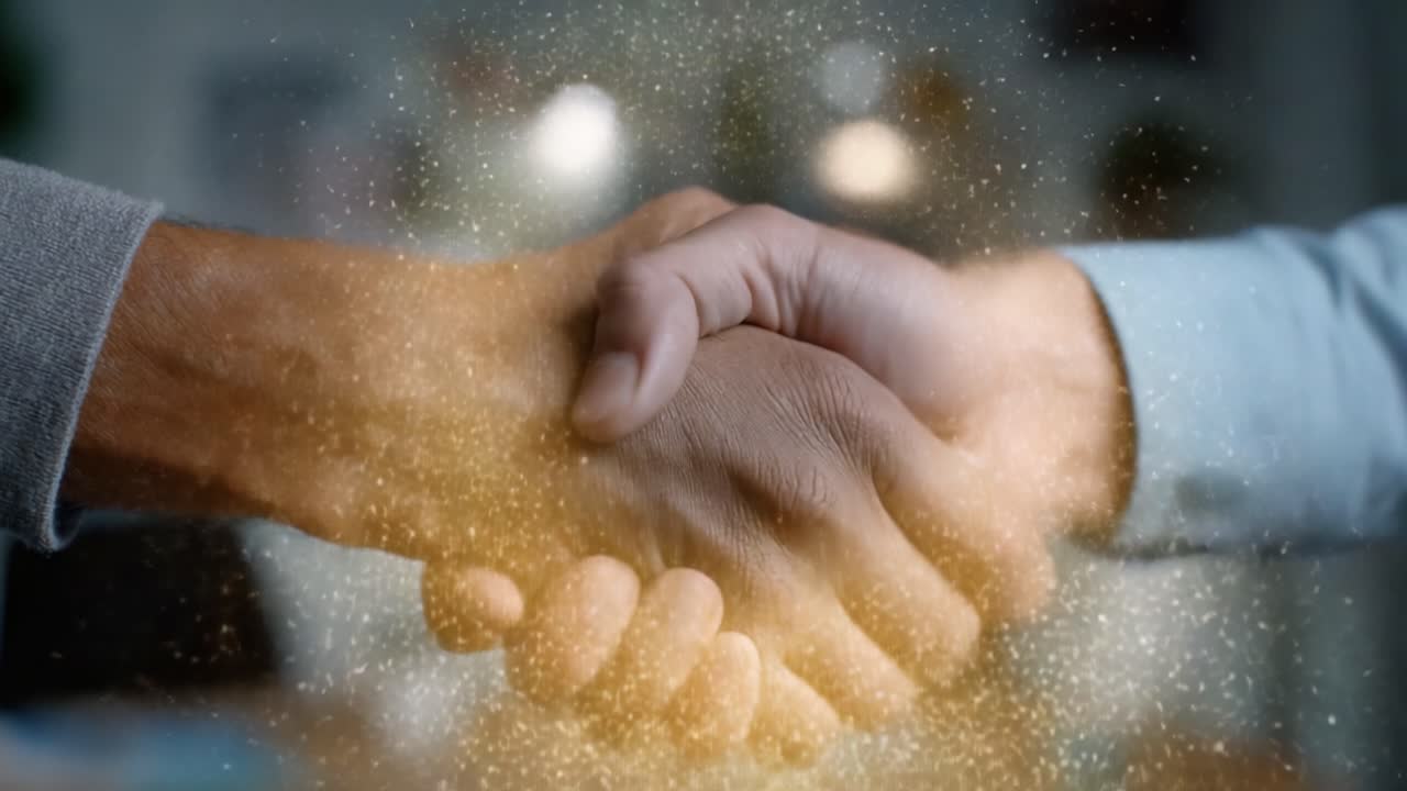 A Symbolic Handshake Between Two Individuals Signifying Trust, Partnership, and Collaboration Infused with Magical Sparkles in a Professional Setting