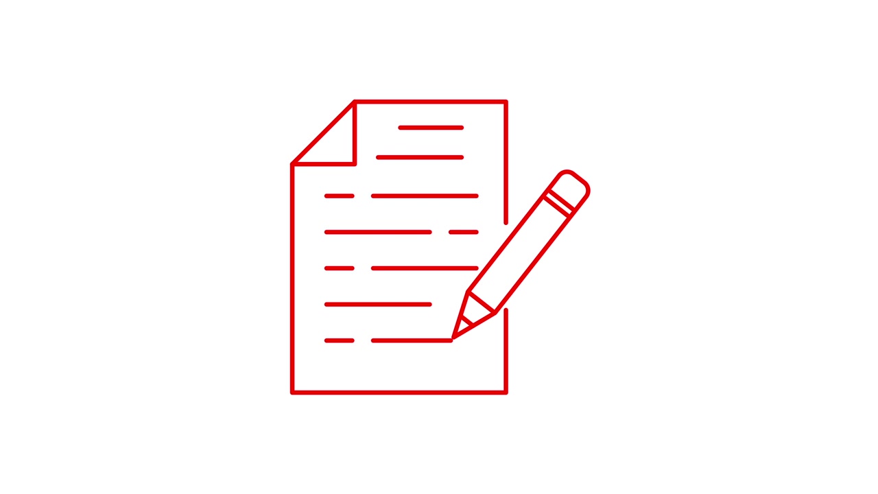 Icona animata con contorno rosso di un documento e una matita che scrive.