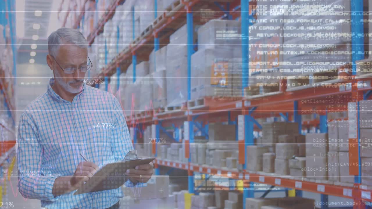 Animation of statistics and data processing over caucasian man working in warehouse