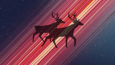 animation of snow falling over reindeer moving on colorful background