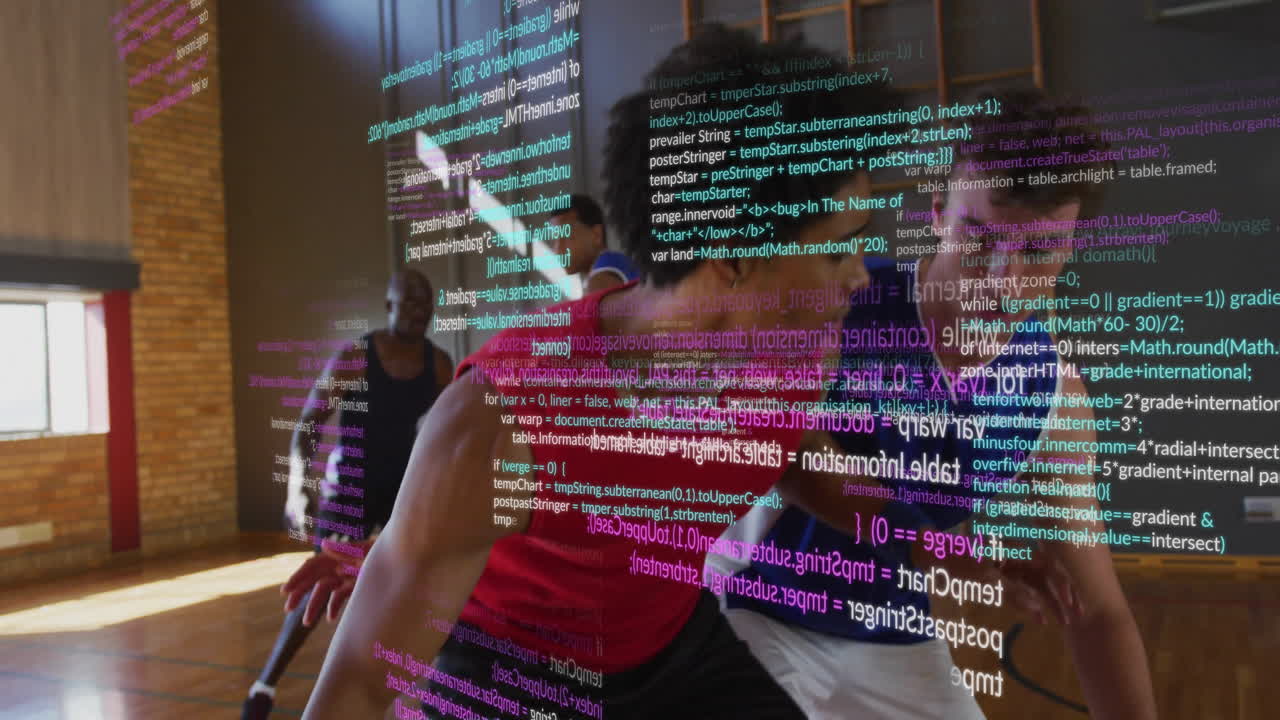 four male athletes executing basketball drill inside gym, featuring sports technology code overlay