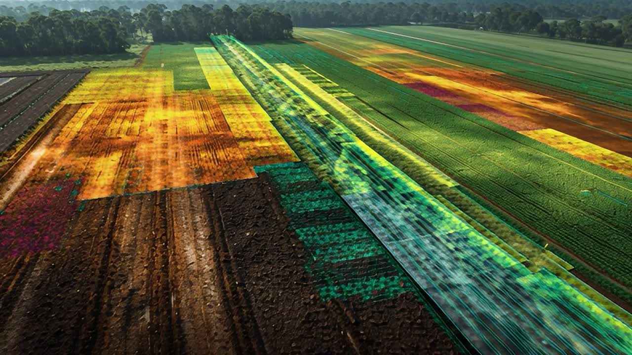 Colorful patterns show crop health in agricultural fields during summer
