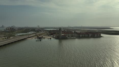 Aerial-approach-of-a-new-Lighthouse-development-on-Nueces-Bay-in-Texas