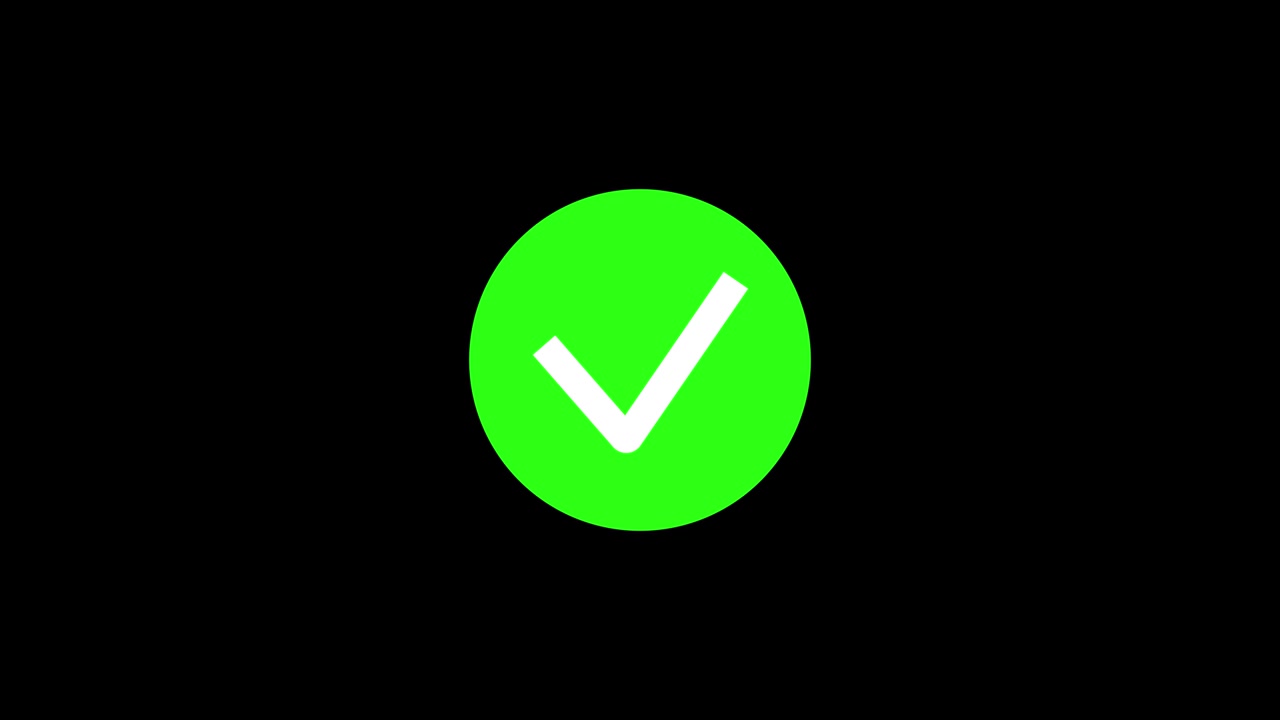 Green check mark icon animation. white and green check mark with black background. Animation in motion graphics of a check mark symbol