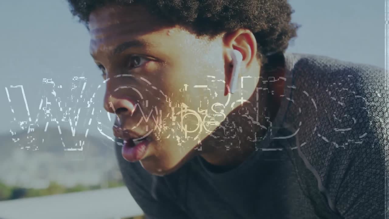 Animation of vibes text over biracial male runner