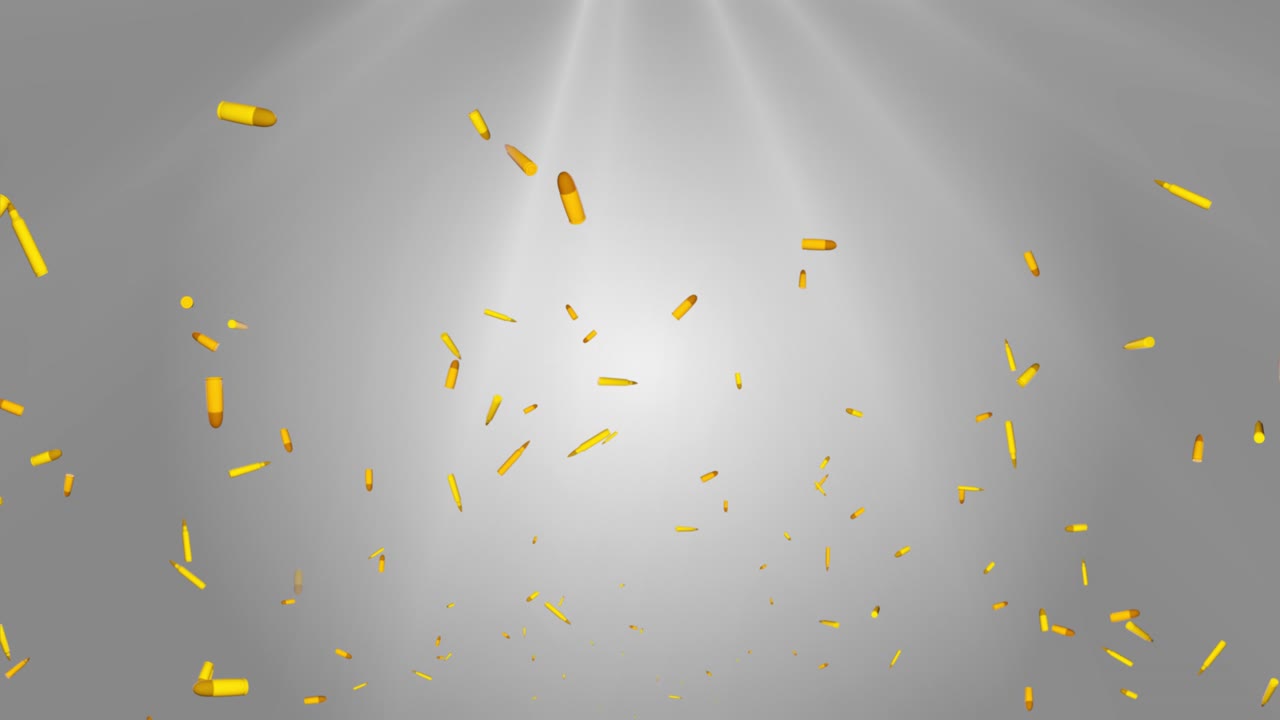 Animation with lots of flying and rotating bulett patron on screen pistol shooting military police