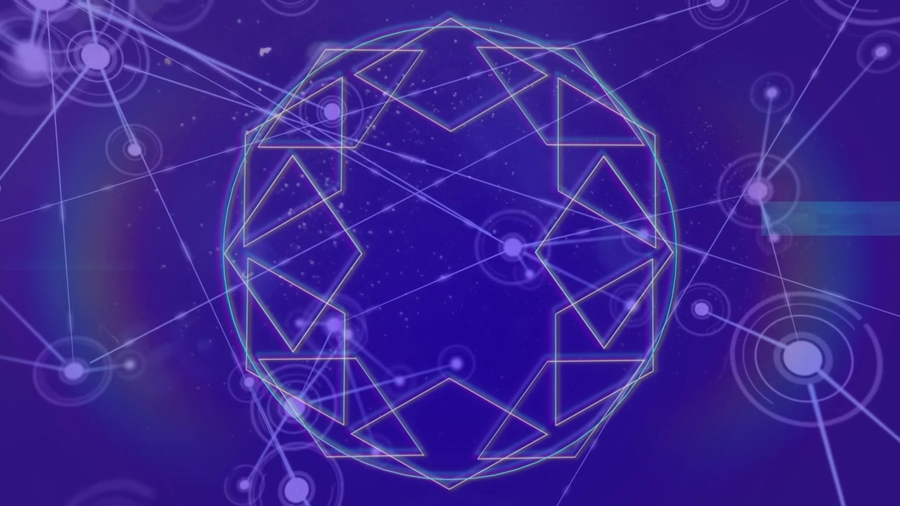 Animación de red de conexiones con iconos y formas sobre fondo azul