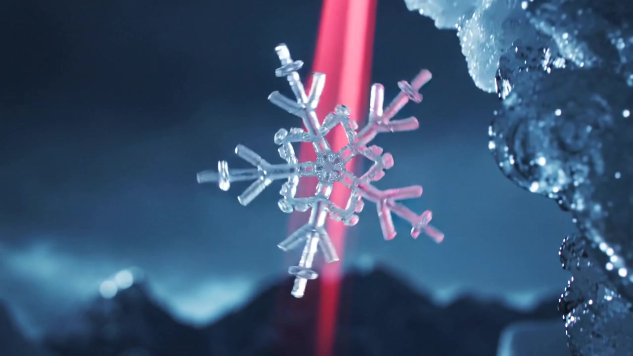 Laser rosso brillante che si allinea sopra, un fiocco di neve di vetro che si stacca, ruotando verso il centro su una sporgenza ghiacciata.