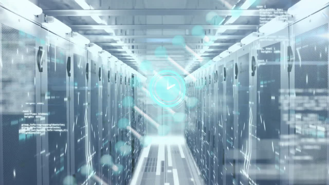 Futuristic data center corridor with digital clock animation over server racks