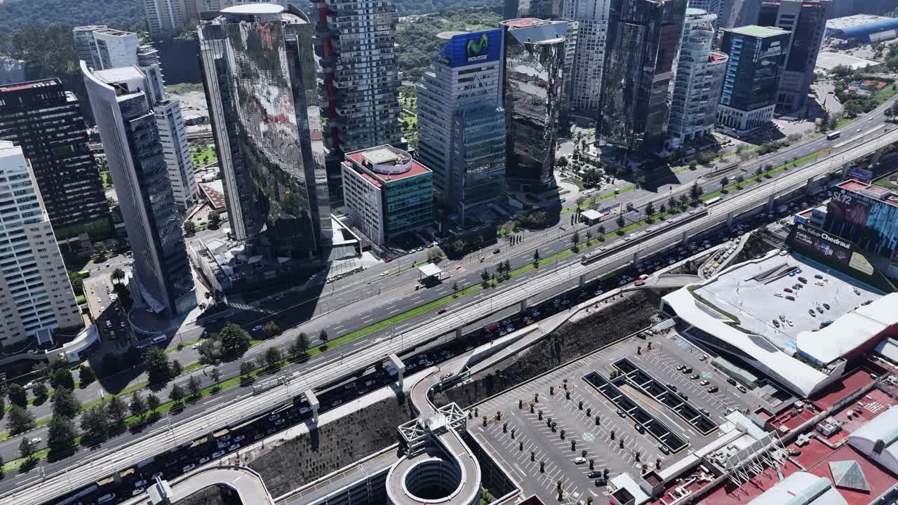 Drone-filmed view of the bustling business district in Santa Fe, Mexico City
