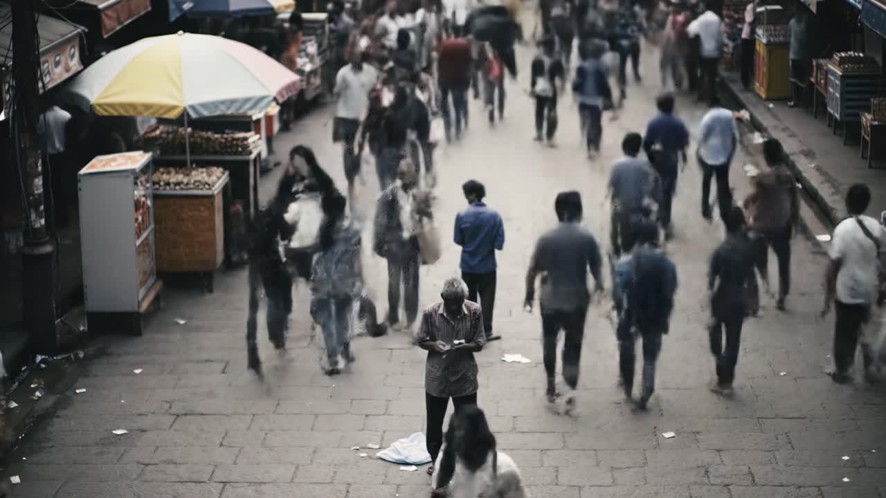 A lively market filled with people moving about. In the center, a solitary individual stands still, engrossed in their phone amid the activity surrounding them.