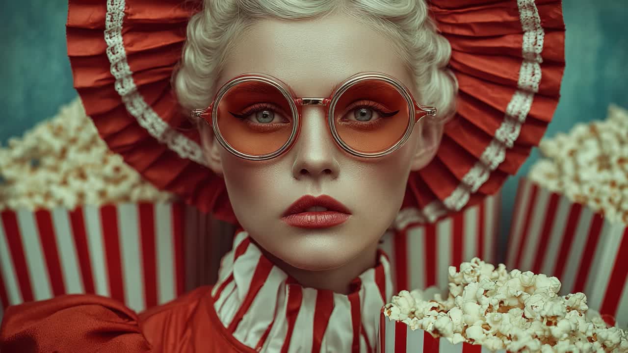 Captivating Cinematic Elegance: A Fashionable Representation of Vintage Movie Culture with Popcorn and Retro Accessories in a Striking Color Palette