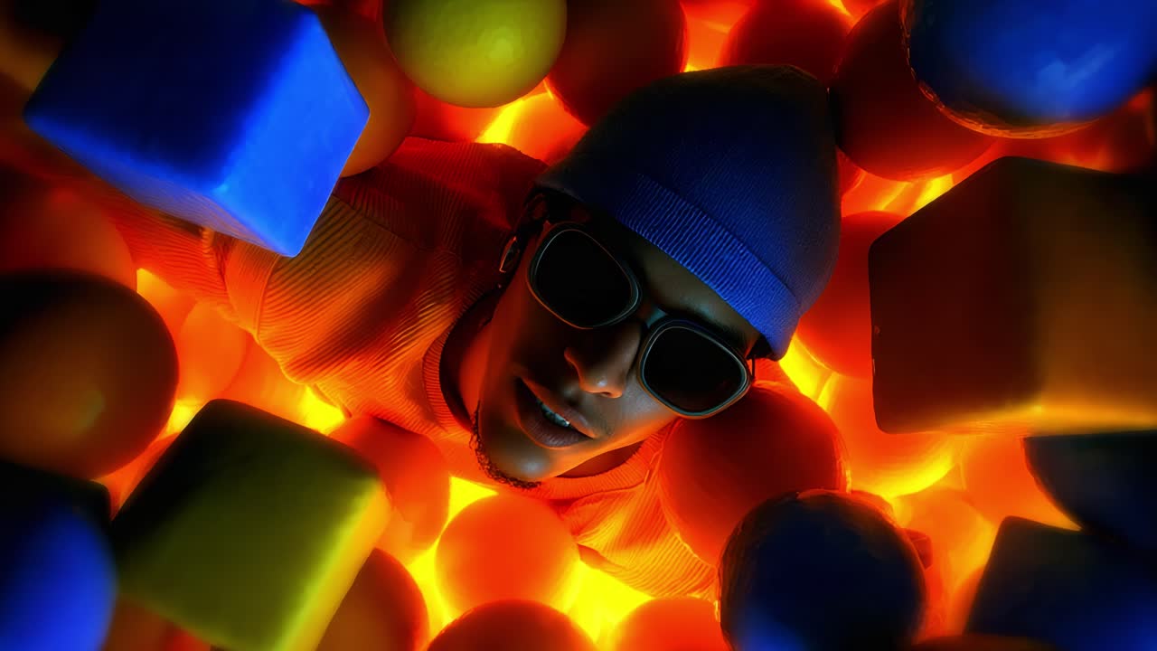 A vibrant, captivating visual featuring a person surrounded by colorful geometric shapes and spheres, radiating a warm glow that creates an enchanting atmosphere