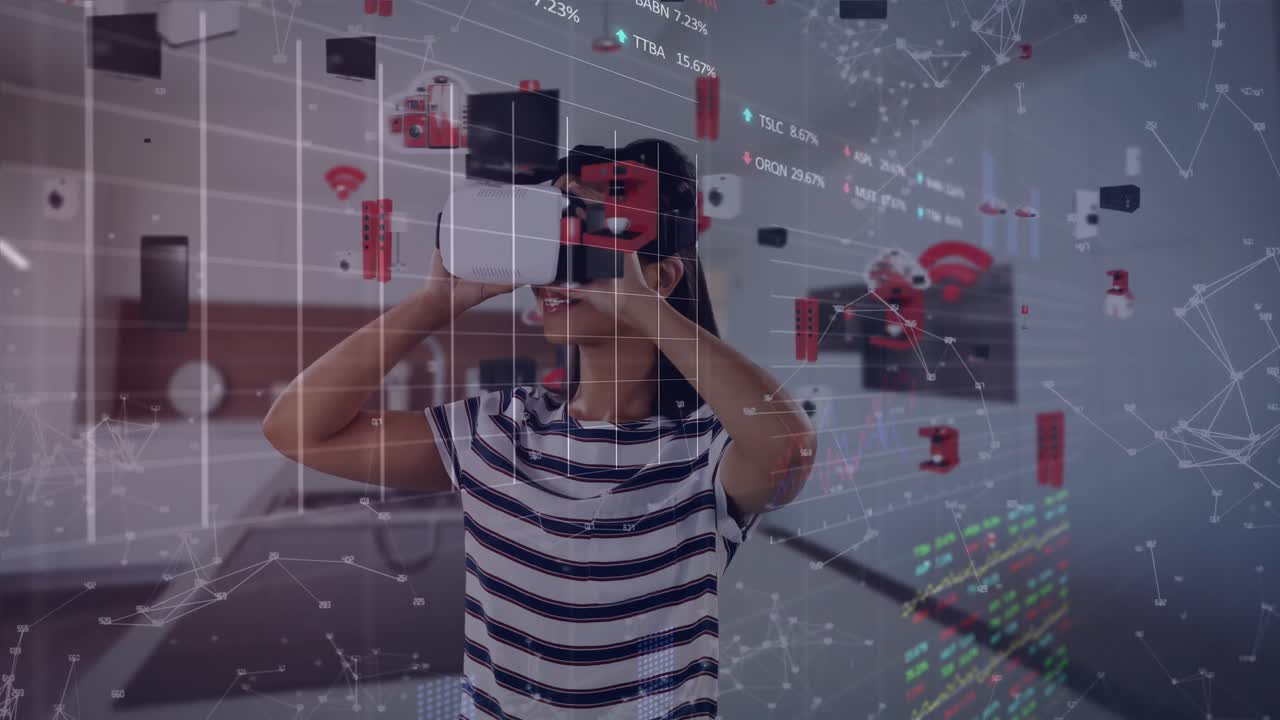 animación del procesamiento de datos sobre mujer caucásica con auriculares vr