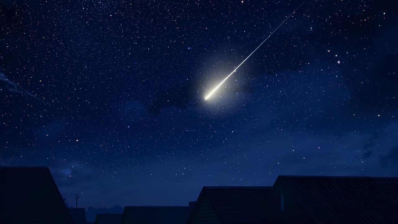 Appearing bright point entering atmosphere, growing meteor streak amid stars over rooftops fading