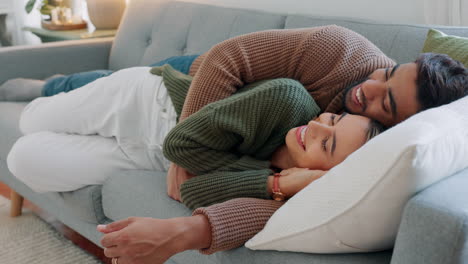 kiss, smile and couple sleeping on the sofa