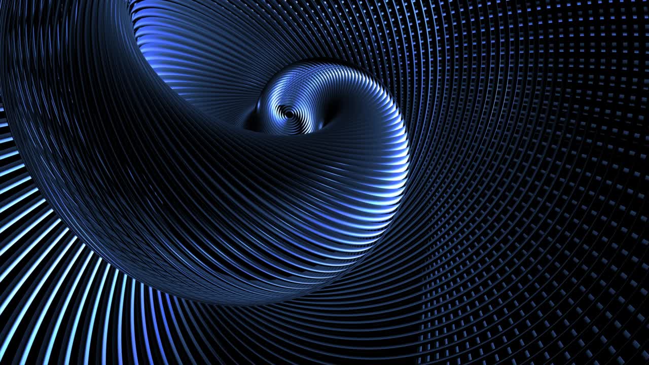4k fondo oscuro con bucles abstractos con líneas curvas como tubos retorcidos en hélice y luz de neón azul que corre en tubos. composición redonda. bucle vj con luz de neon brillante. espiral abstracta.