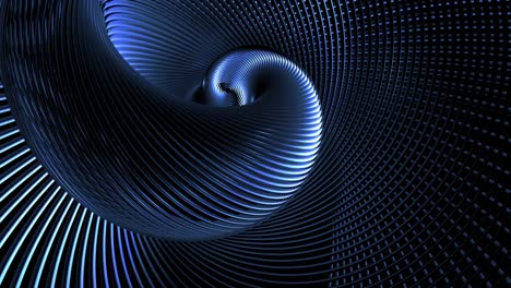 4k abstract looped dark background with curved lines like tubes twisted in helix and blue neon light running on tubes. round composition. vj loop with brigh neon light. abstract spiral.