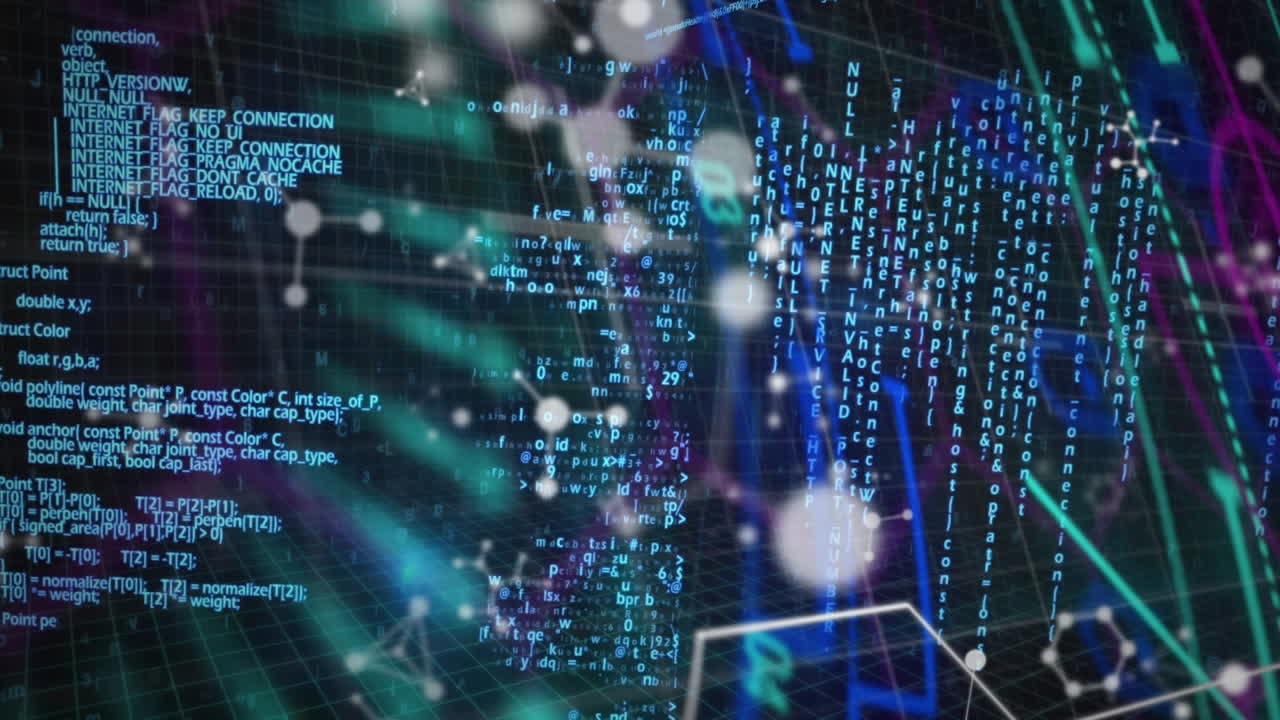 Animation of molecules over data processing on black background