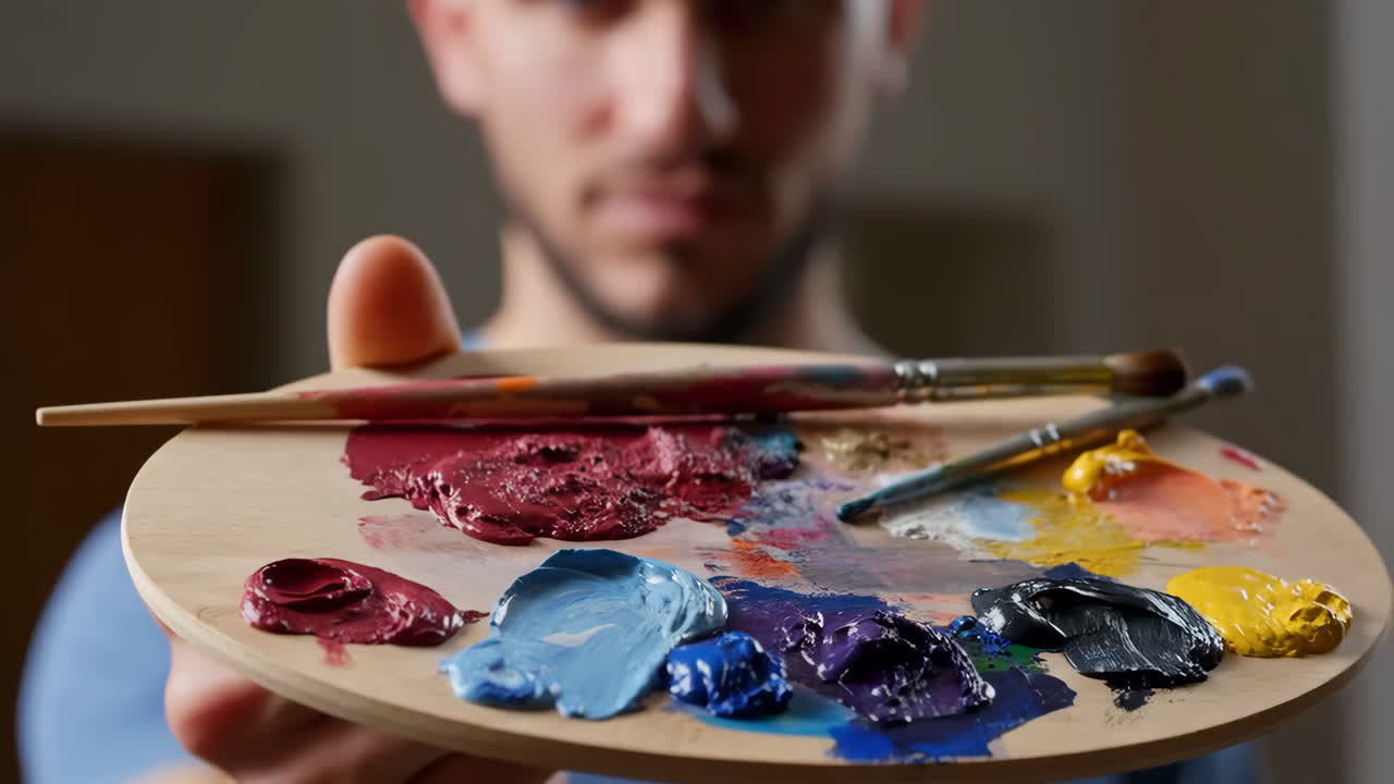 Artist Holding a Paint Palette with Colorful Paints and Brushes