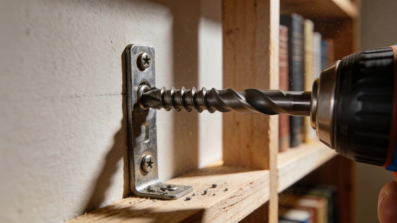 Gripping cordless drill, hand boring into plaster wall at L-bracket creating dust securing shelf