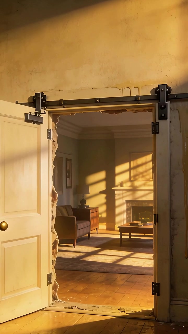 Video verticale: Inquadratura di una porta socchiusa che guida la telecamera in avanti, rivelando una stanza illuminata dal sole a casa.