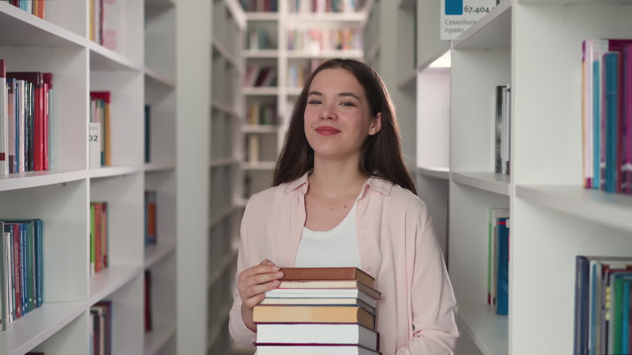 mujer con libros altos apilados en la biblioteca de la universidad. estudiante morena sostiene una pila de literatura científica en la librería. bibliotecaria morena en el retrato de la tienda