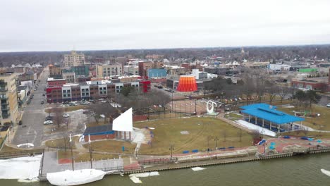 bay city michigan skyline drone video moving up