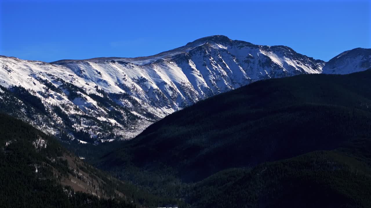 Colorado Rocky Mountain National Park Fraser Berthoud Corona Pass Winter Park ski resort mountain town aerial drone winter December snow blue sky sunny blanket of snow circle right motion