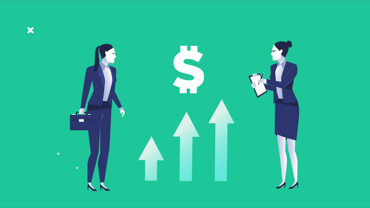 eleganti donne d'affari lavoratrici con il simbolo del dollaro e le frecce in alto