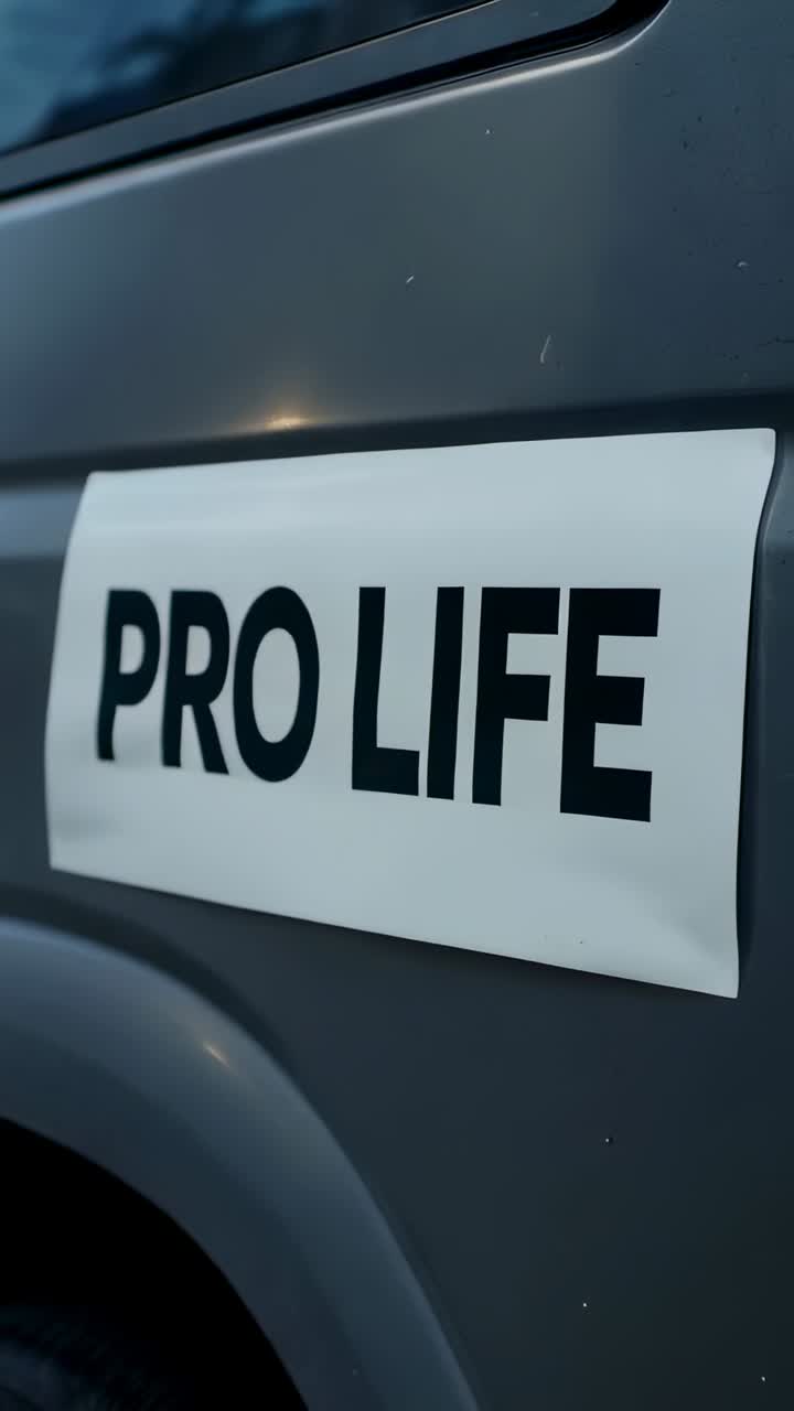 Video verticale: la camera si avvicina allo sportello di un veicolo parcheggiato al crepuscolo, rivelando lo sticker PRO LIFE