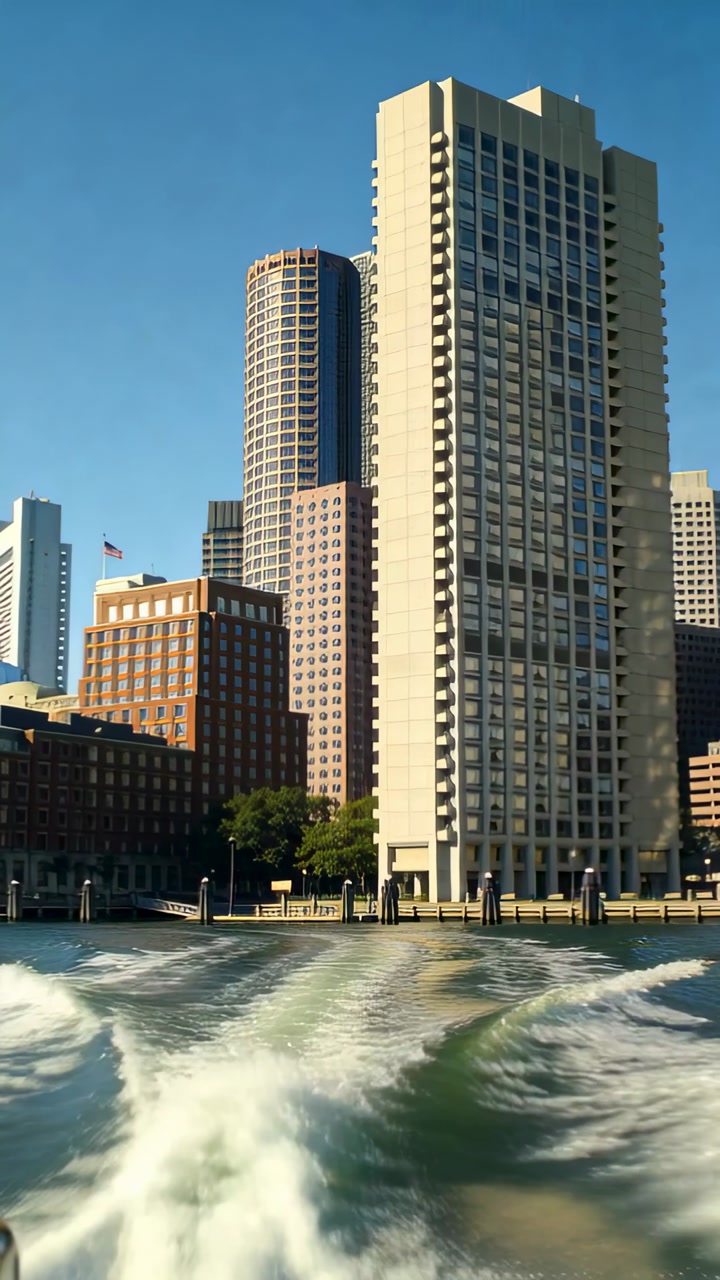 Vertical video: Showing pale tower moving as boat leaving harbor, heading out, making foamy wake