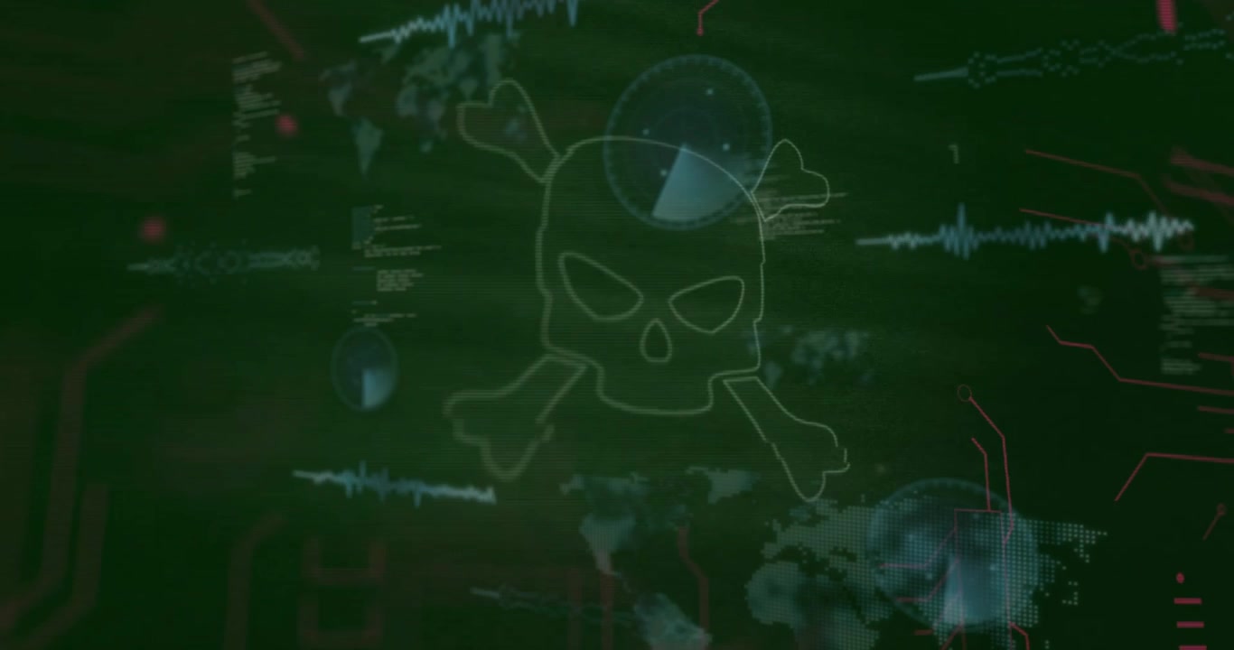 On skull outline appearing, UI sending waves, rotating nodes, stacking code visualizing intrusion